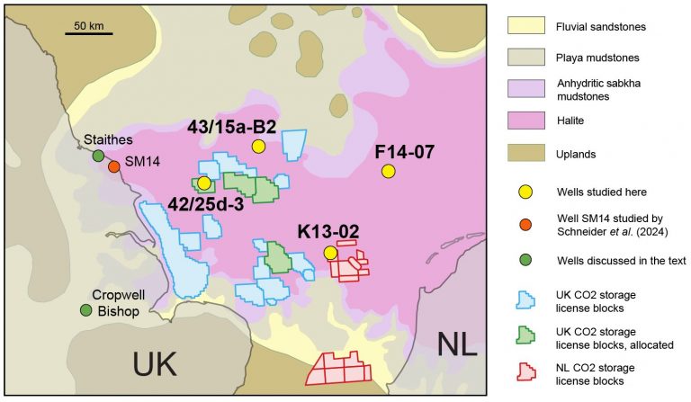 Early Anisian palaeogeography of the Southern North Sea area (modified from Geluk et al., 2018), displaying the extents of GCS licence blocks in the UK and the Netherlands. The positions of the four studied wells (yellow dots), well SM14 (red dot) and other wells discussed in the report (green dots) are indicated.